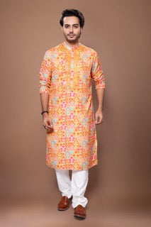 Floral Printed Mirror Embroidered Kurta With Pajama Set - Mustard/Off White