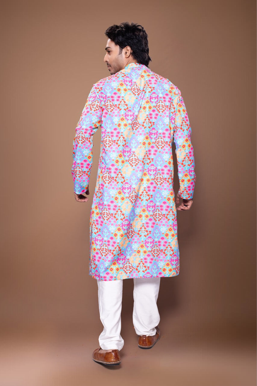 Floral Printed Mirror Embroidered Kurta With Pajama Set - Blue/Off White