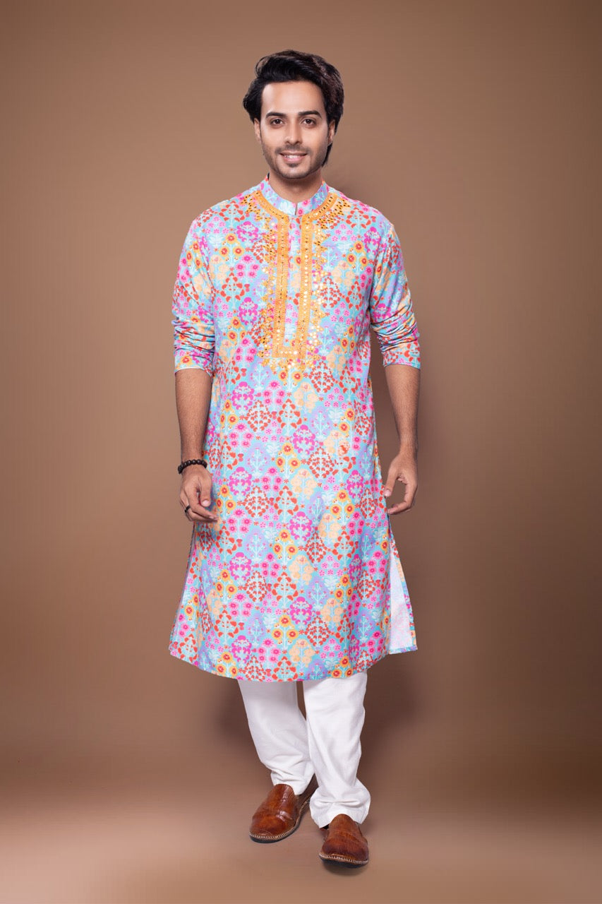 Floral Printed Mirror Embroidered Kurta With Pajama Set - Blue/Off White