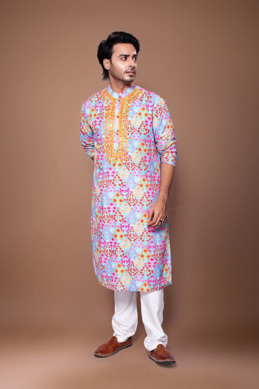 Floral Printed Mirror Embroidered Kurta With Pajama Set - Blue/Off White