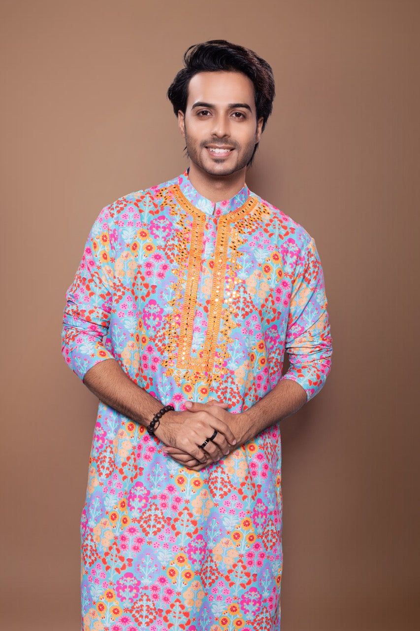 Floral Printed Mirror Embroidered Kurta With Pajama Set - Blue/Off White