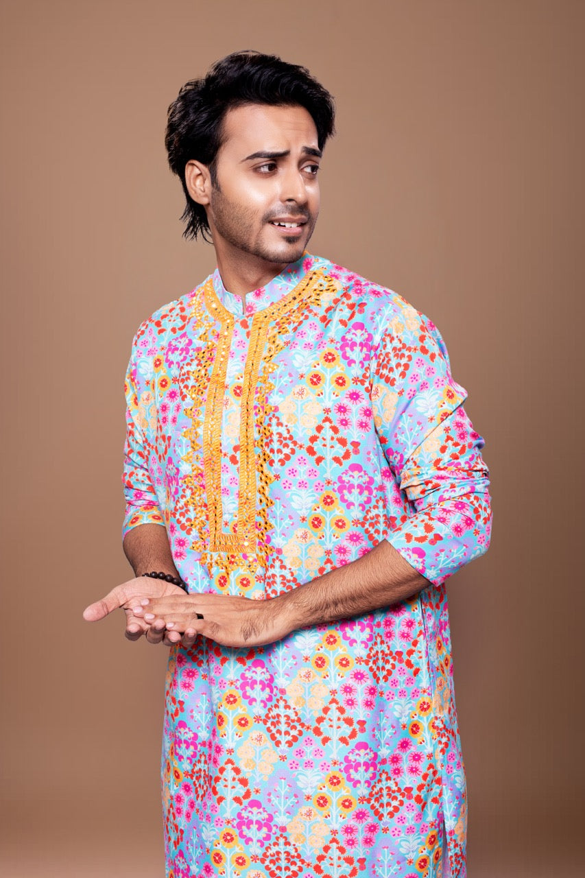Floral Printed Mirror Embroidered Kurta With Pajama Set - Blue/Off White
