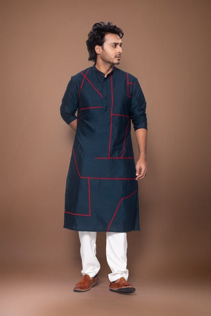 Patty Lines Stylish Kurta With Pajama Set - Dark Blue/Off White