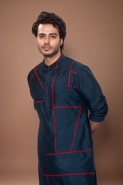 Patty Lines Stylish Kurta With Pajama Set - Dark Blue/Off White