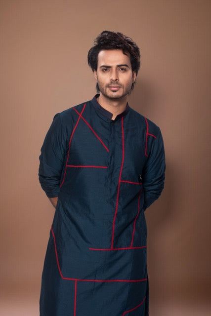 Patty Lines Stylish Kurta With Pajama Set - Dark Blue/Off White