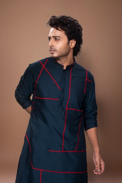 Patty Lines Stylish Kurta With Pajama Set - Dark Blue/Off White