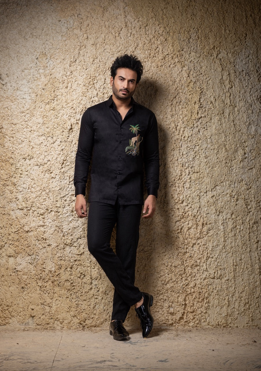 Black Cheetah Hand Embroidered Full Mens Shirt