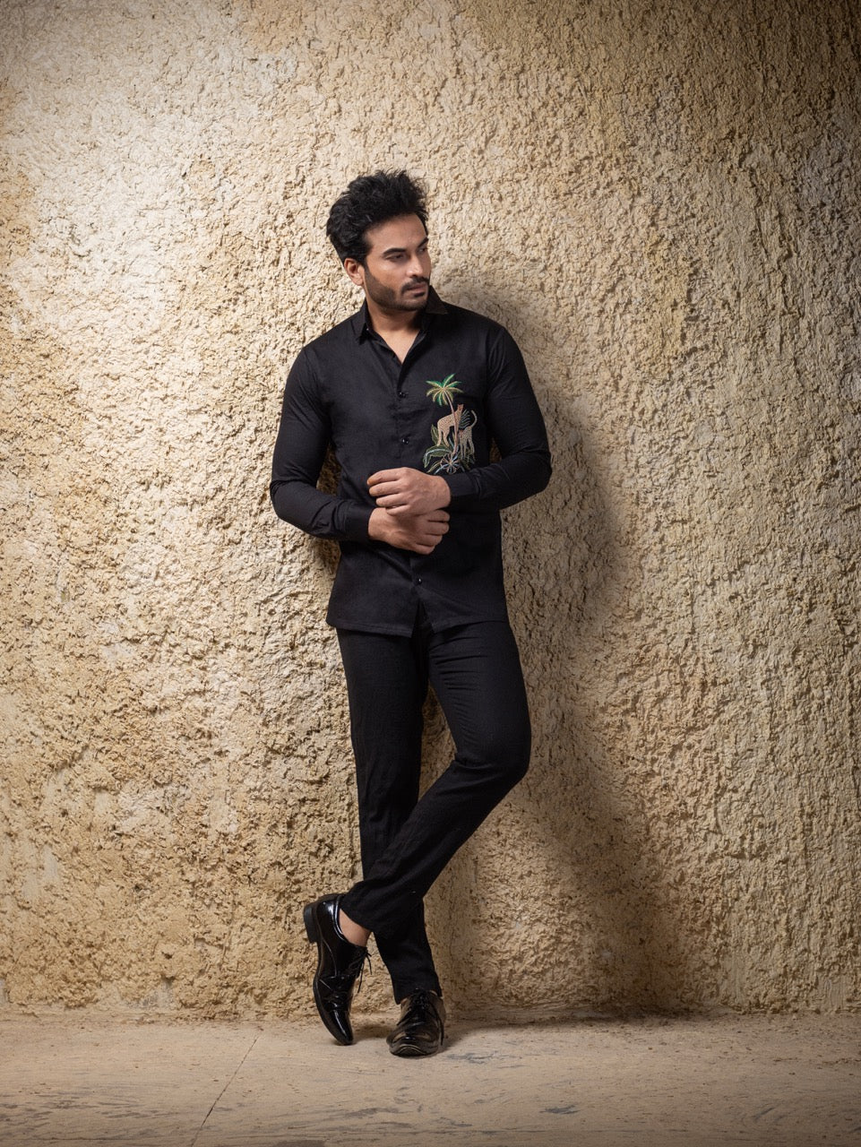 Black Cheetah Hand Embroidered Full Mens Shirt