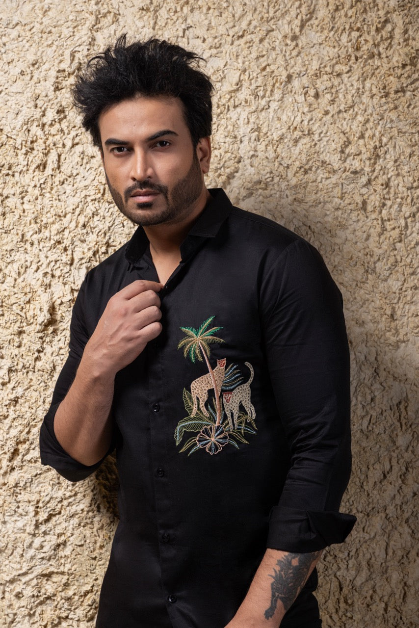 Black Cheetah Hand Embroidered Full Mens Shirt