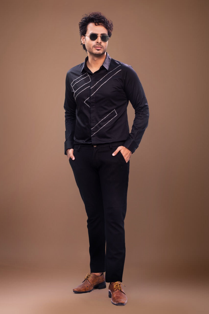 Kardana Hand Embroidery Stylish Lines On Full Shirt