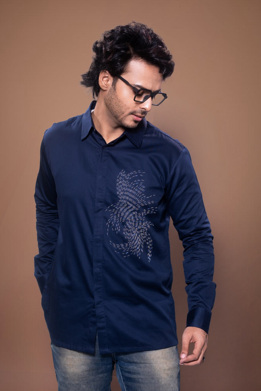 Dark Blue Sprial Hand Embroidered Full Shirt