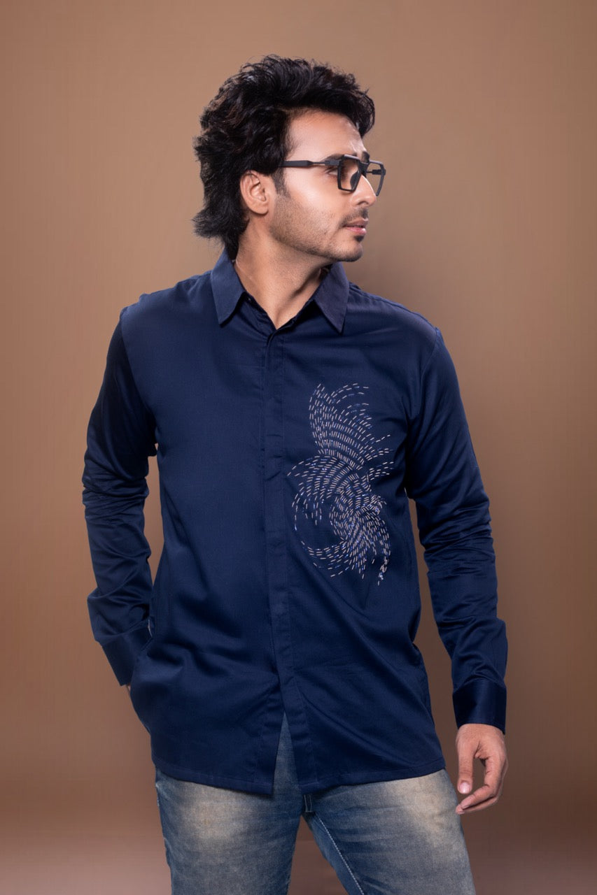 Dark Blue Sprial Hand Embroidered Full Shirt