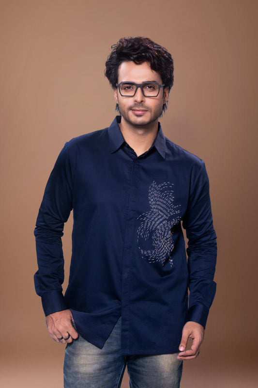 Dark Blue Sprial Hand Embroidered Full Shirt