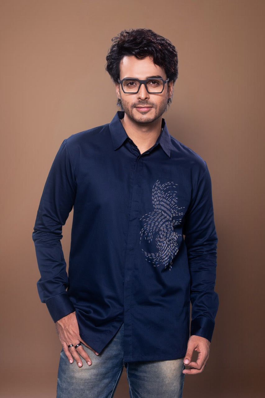 Dark Blue Sprial Hand Embroidered Full Shirt