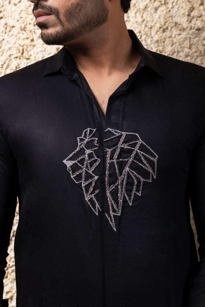 Black  Lion Hand Embroidery Full Mens Shirt