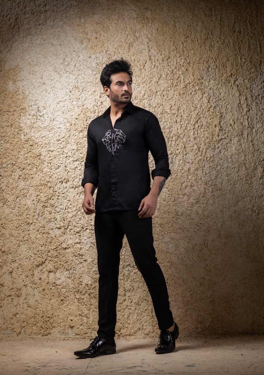 Black  Lion Hand Embroidery Full Mens Shirt