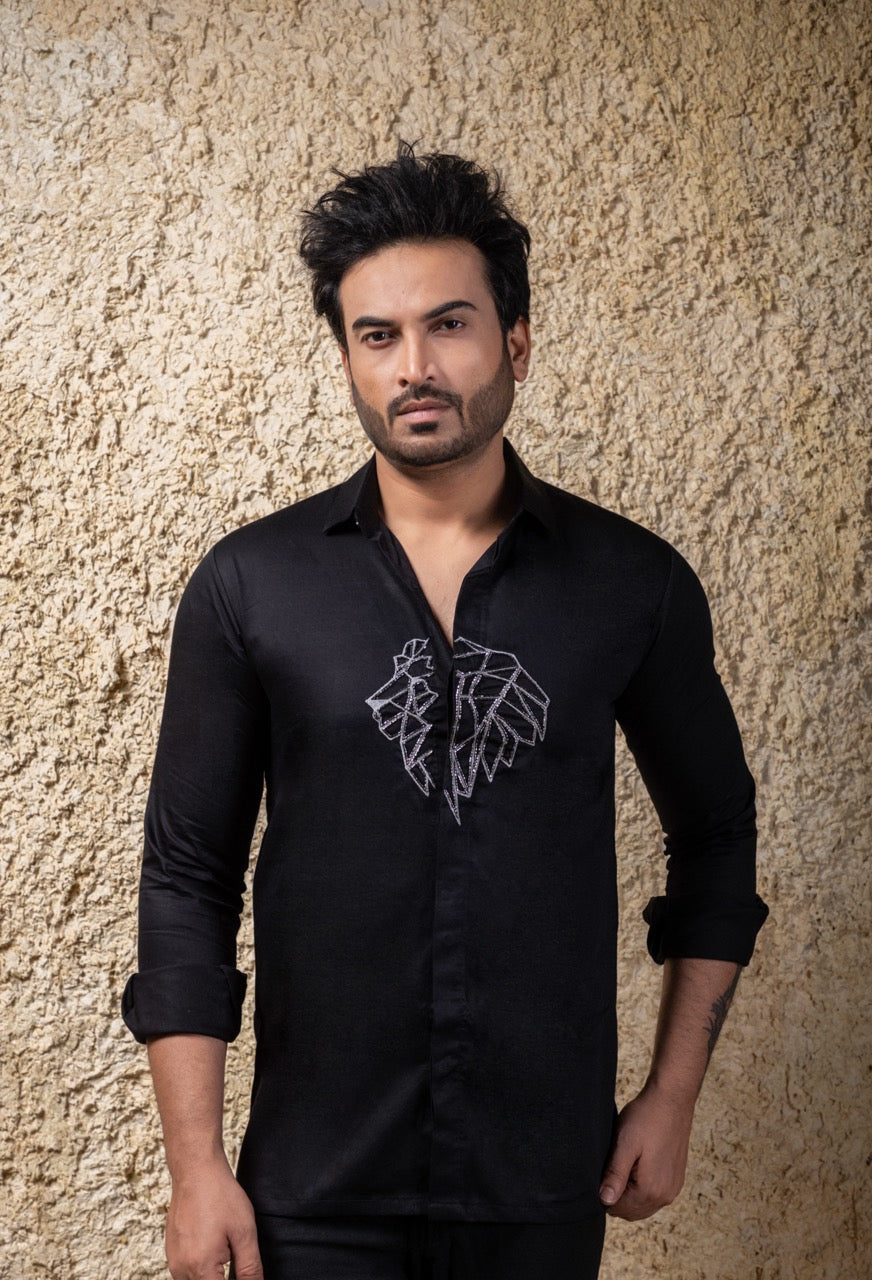 Black  Lion Hand Embroidery Full Mens Shirt