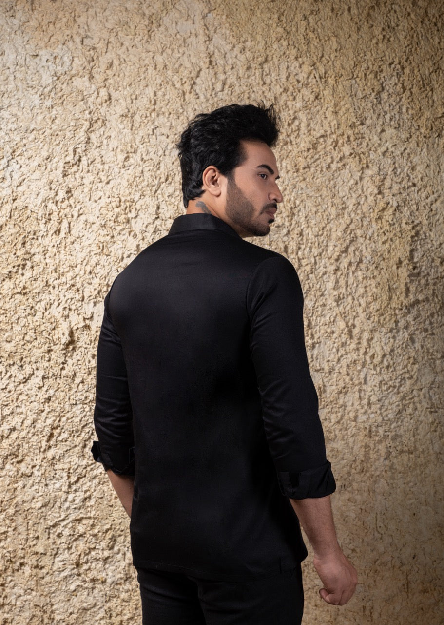 Black  Lion Hand Embroidery Full Mens Shirt