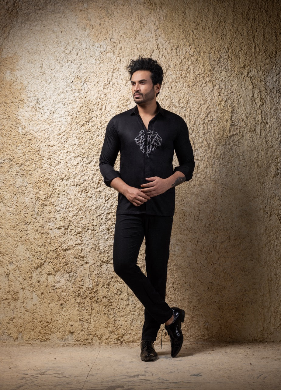 Black  Lion Hand Embroidery Full Mens Shirt