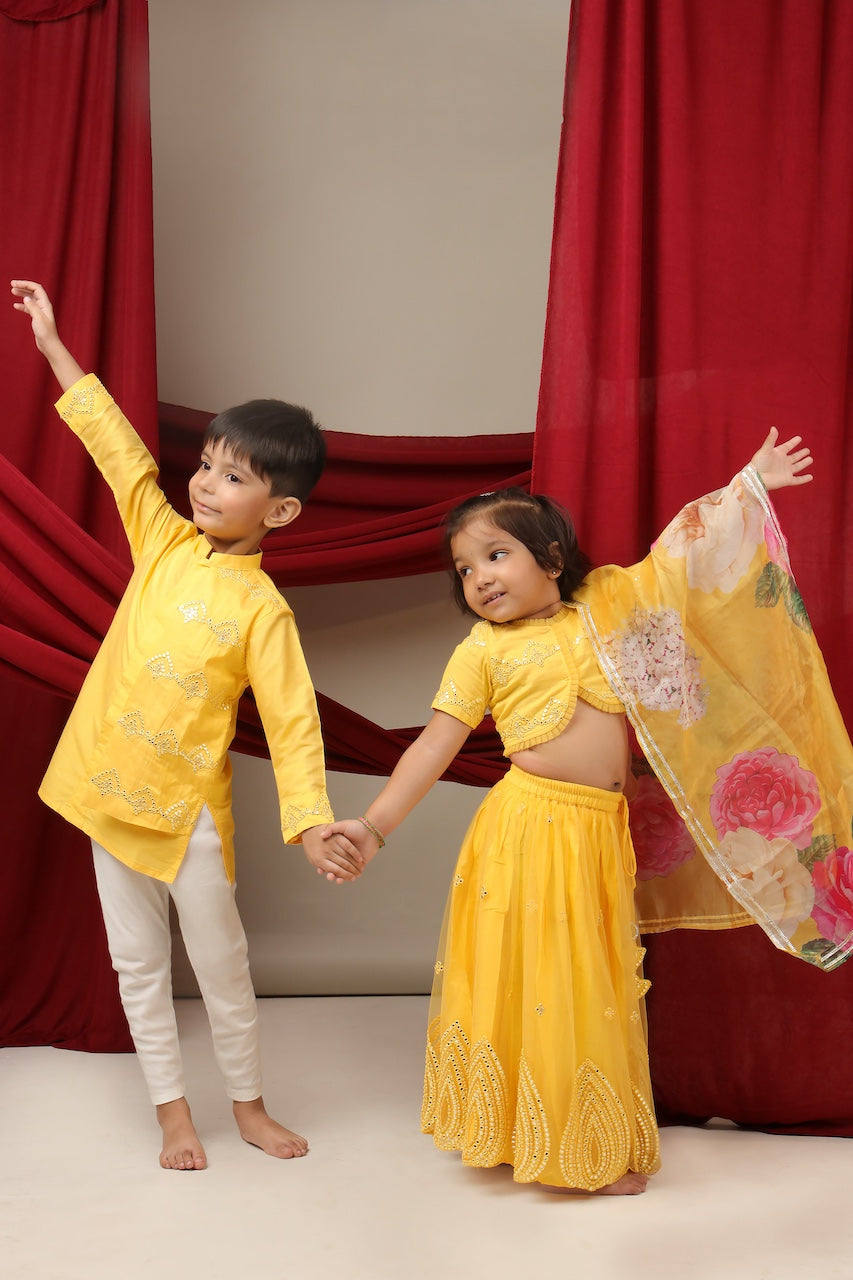 Yellow Kurta With Mirror Embroidery Flap Attached With Pajama Set