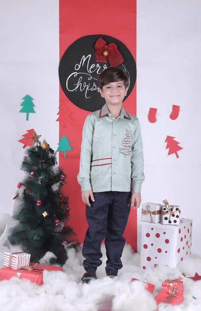 Christmas Tree Embroidered Stylish Mint Green Full Shirt