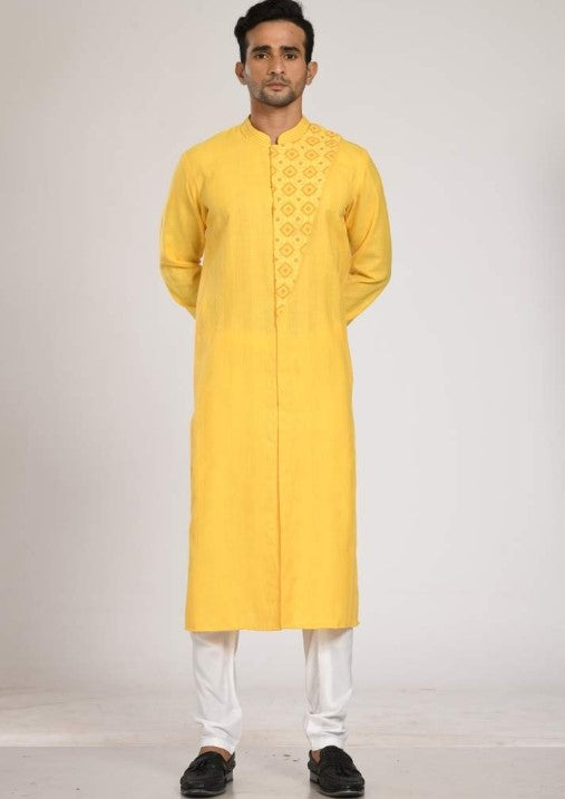 Yellow Katha Embroidered Flap Kurta With Churidar