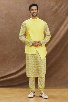 Yellow Floral Printed Kurta With Asymmertical Bundi With Churidar Set