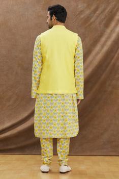 Yellow Floral Printed Kurta With Asymmertical Bundi With Churidar Set