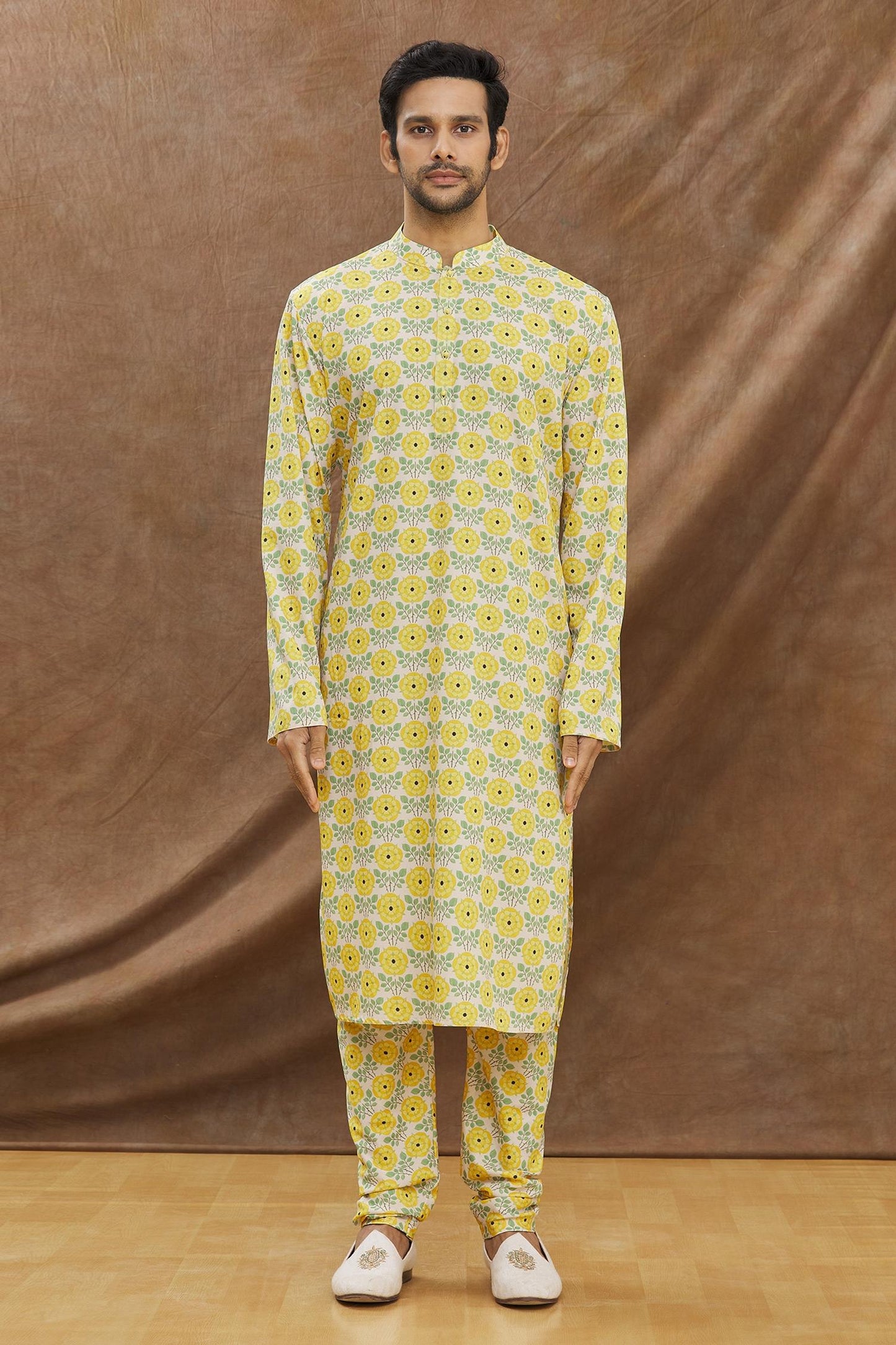 Yellow Floral Printed Kurta With Asymmertical Bundi With Churidar Set