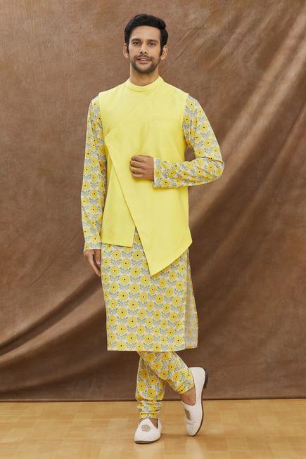Yellow Floral Printed Kurta With Asymmertical Bundi With Churidar Set