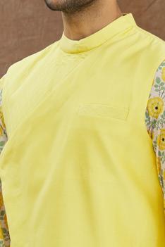 Yellow Floral Printed Kurta With Asymmertical Bundi With Churidar Set