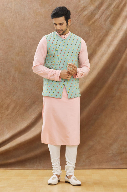 Pink Kurta With Printed Asymmertical Bundi With Churidar Set