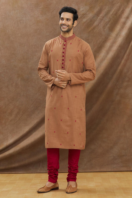 Brown Kurta With Geomatrical Shape Embroidery All Over With Churidar Set