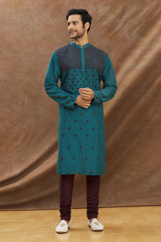 Teal Blue Kurta With Applique Work All Over With Churidar Set