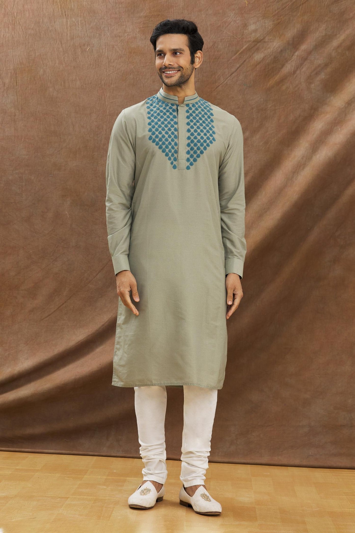 Grey Kurta With Applique Work On The Yoke With Churidar Set