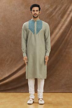 Grey Kurta With Applique Work On The Yoke With Churidar Set