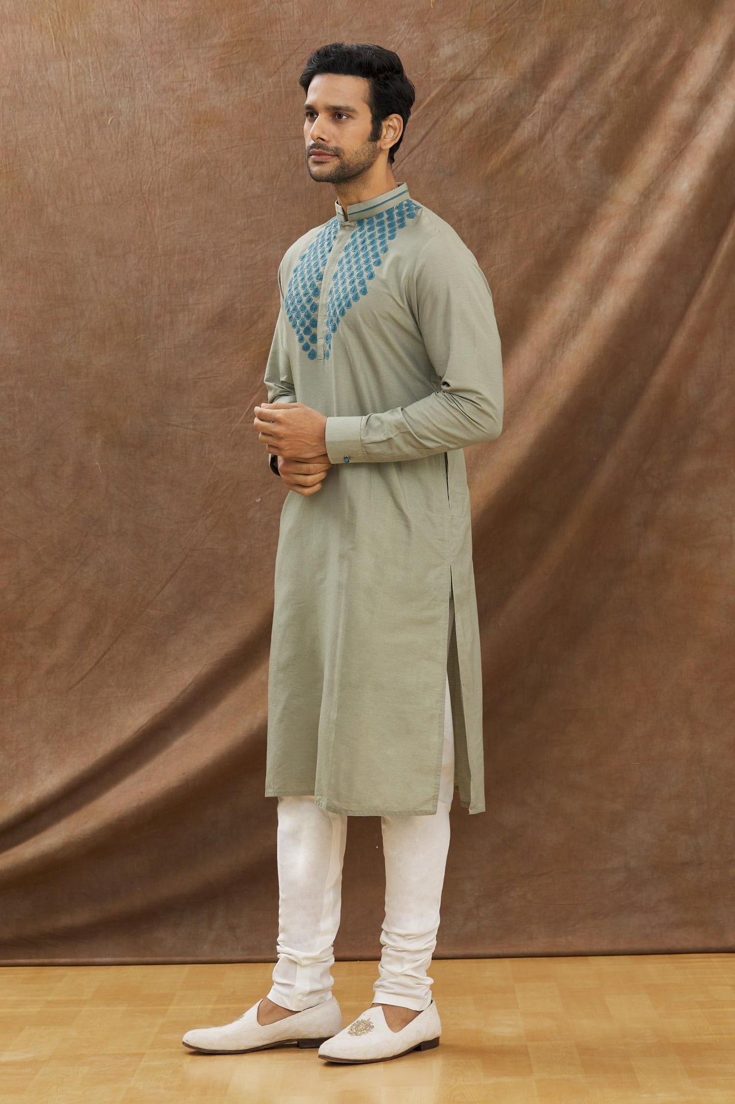 Grey Kurta With Applique Work On The Yoke With Churidar Set