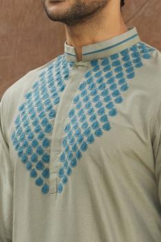 Grey Kurta With Applique Work On The Yoke With Churidar Set