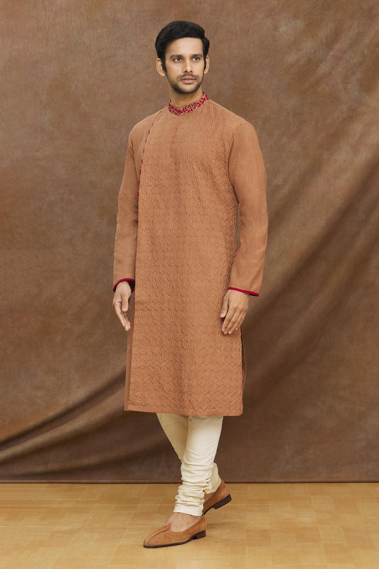 Brown Shadow Embroidery Kurta With Churidar Set