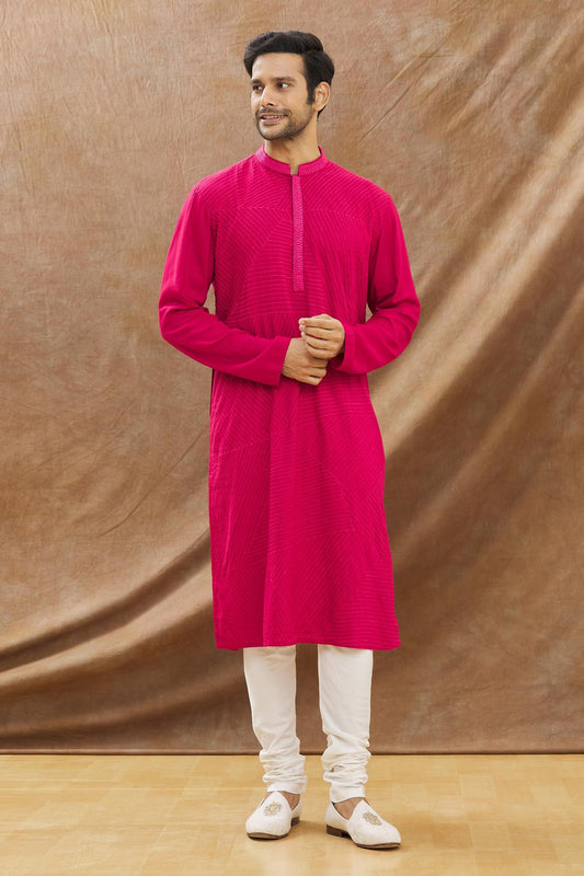 Deep Pink Kurt With Heavy Embroidery All Over With Churidar Set