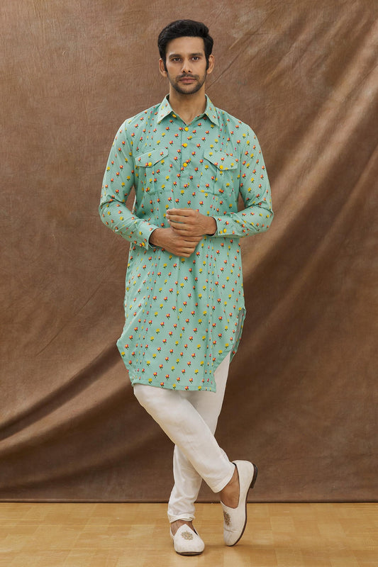 Aqua Green Flower Printed Pathani With Chust Pajama Set