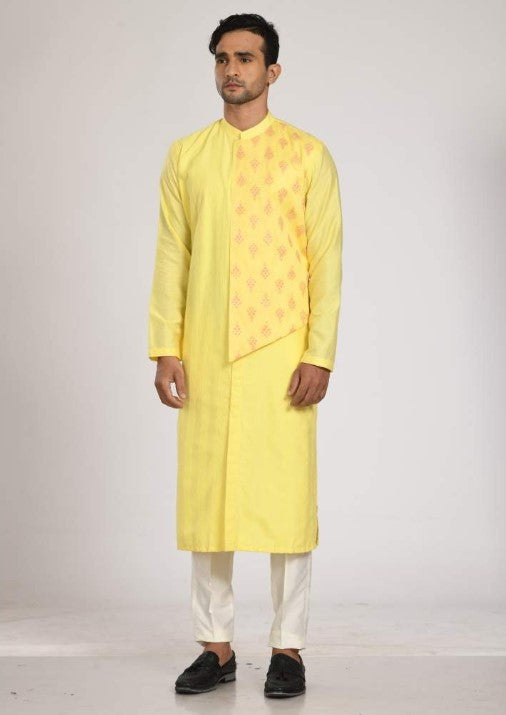 Yellow Flap Kurta With Embroidery With Chus Pajama