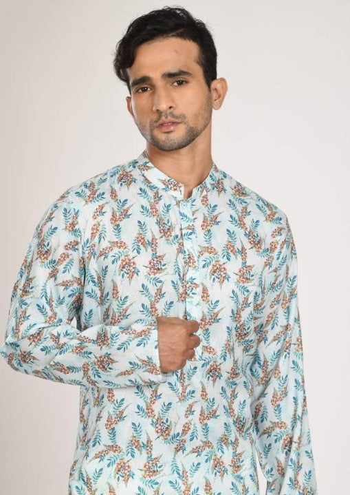 Green Printed Kurta With Hand Embroidered Nehru Jacket With Pant