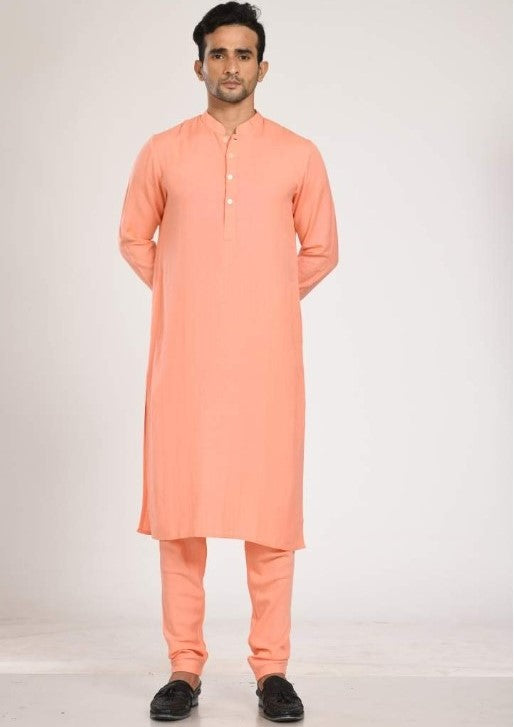 Peach Kurta With Asymmtrical Printed Jacket With Churidar