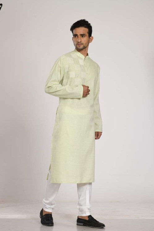 Cotton Khadi Kurta With Box Embroidery On The Yoke With Churidar