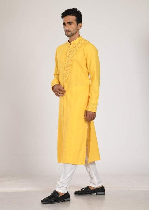 Yellow Katha Embroidered Flap Kurta With Churidar