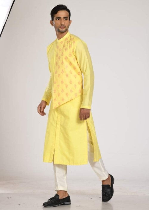 Yellow Flap Kurta With Embroidery With Chus Pajama