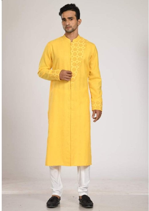 Yellow Katha Embroidered Flap Kurta With Churidar