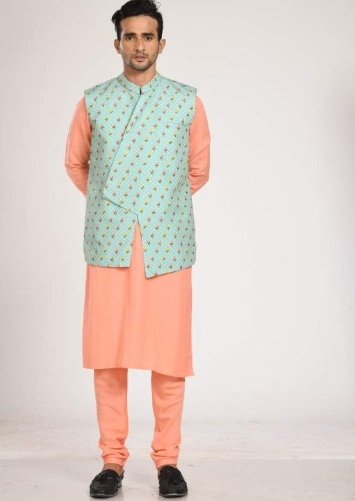 Peach Kurta With Asymmtrical Printed Jacket With Churidar