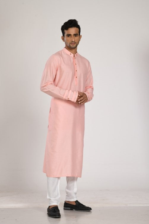 Pink Kurta With Stiched Detaled Nehru Jacket With Churidar